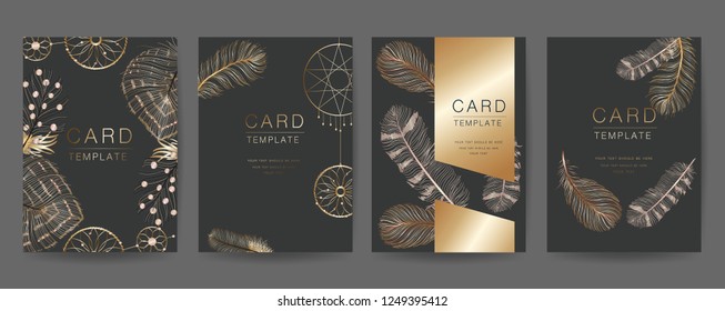 Diseño de plantilla de tarjeta para invitación de matrimonio, Gracias tarjeta, RSVP, Saludo, Cartel, Diseño de lujo con plumas doradas e ilustración de vector de textura geométrica.
