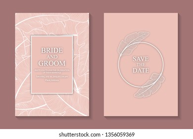 Card template design for wedding invitation, rsvp, greeting card with white feathers and frames on a pink background.