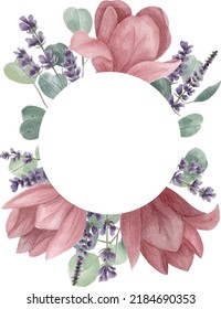Card template digital watercolor painting white circle with pink tulips lavender flowers and silver dollar eucalyptus leaves isolated on white