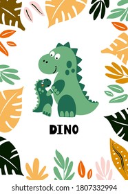 Card template with dinosaur and cub and leaf frame with text  dino. Vector illustration for baby.