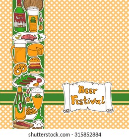 Card template with doodle beer fest hand drawn elements: beer bottles, glasses, food and snacks. Oktoberfest sketch art. For invitations, greeting cards, wallpapers, backgrounds.