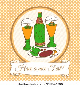 Card template with doodle beer fest hand drawn elements: beer bottle, glasses, food. Oktoberfest sketch art. For invitations, greeting cards, wallpapers, backgrounds.