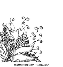 Card template with fantasy flower. Black and white tattoo pattern.