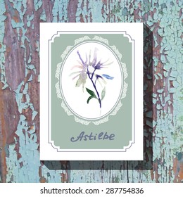 Card template with floral element with astilbe on wooden background. For floral shop, wedding design, print and web