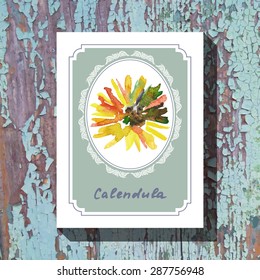 Card template with floral element with calendula on wooden background. For floral shop, wedding design, print and web