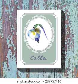 Card template with floral element with calla on wooden background. For floral shop, wedding design, print and web