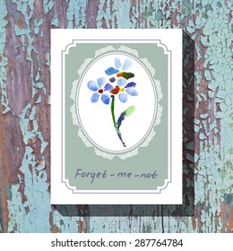 Card template with floral element with forget-me-not on wooden background. For floral shop, wedding design, print and web