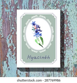 Card template with floral element with hyacinth on wooden background. For floral shop, wedding design, print and web