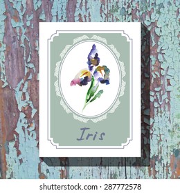 Card template with floral element with iris on wooden background. For floral shop, wedding design, print and web