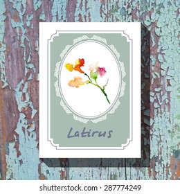 Card template with floral element with latirus on wooden background. For floral shop, wedding design, print and web