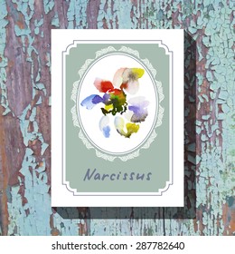 Card template with floral element with narcissus on wooden background. For floral shop, wedding design, print and web