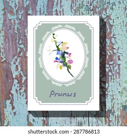 Card template with floral element with prunus on wooden background. For floral shop, wedding design, print and web