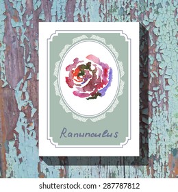 Card template with floral element with ranunculus on wooden background. For floral shop, wedding design, print and web