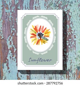 Card template with floral element with sunflower on wooden background. For floral shop, wedding design, print and web