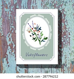 Card template with floral element with vaksflauers on wooden background. For floral shop, wedding design, print and web
