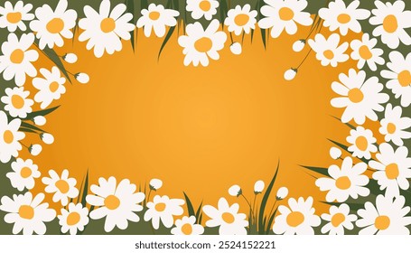 card template with a floral frame of daisies. Trendy banner, poster, flyer, label or cover in cute minimalistic style. bright color floral design template for advertising, promotion, design, etc.