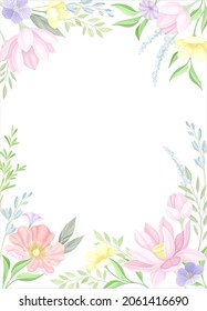 Card template with floral frame. Wedding invitation, postcard, poster, flyer with flowers in pastel colors vector illustration