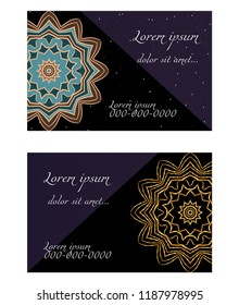 Card template with floral mandala pattern. Business card for fitness center, sport emblem, meditation class. Vector illustration