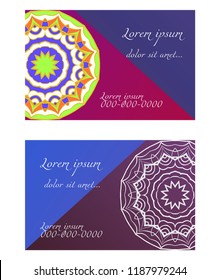 Card template with floral mandala pattern. Business card for fitness center, sport emblem, meditation class. Vector illustration