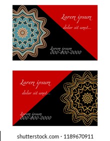 Card template with floral mandala pattern. Business card for fitness center, sport emblem, meditation class. Vector illustration