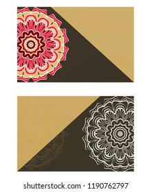 Card template with floral mandala pattern. Business card for fitness center, sport emblem, meditation class. Vector illustration