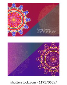 Card template with floral mandala pattern. Business card for fitness center, sport emblem, meditation class. Vector illustration