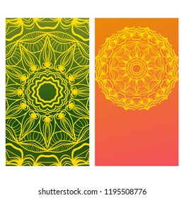 Card template with floral mandala pattern. Business card for fitness center, sport emblem, meditation class. Vector illustration