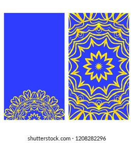 Card template with floral mandala pattern. Business card for fitness center, sport emblem, meditation class. Vector illustration