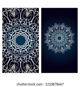 Card template with floral mandala pattern. Business card for fitness center, sport emblem, meditation class. Vector illustration