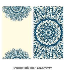 Card template with floral mandala pattern. Business card for fitness center, sport emblem, meditation class. Vector illustration