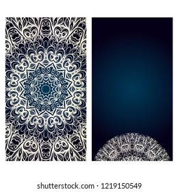 Card template with floral mandala pattern. Business card for fitness center, sport emblem, meditation class. Vector illustration