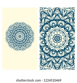 Card template with floral mandala pattern. Business card for fitness center, sport emblem, meditation class. Vector illustration