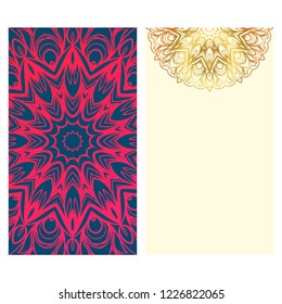 Card template with floral mandala pattern. Business card for fitness center, sport emblem, meditation class. Vector illustration