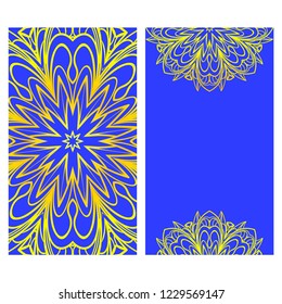 Card template with floral mandala pattern. Business card for fitness center, sport emblem, meditation class. Vector illustration
