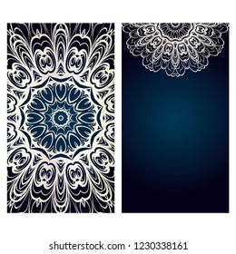 Card template with floral mandala pattern. Business card for fitness center, sport emblem, meditation class. Vector illustration