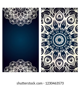 Card template with floral mandala pattern. Business card for fitness center, sport emblem, meditation class. Vector illustration