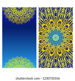 Card template with floral mandala pattern. Business card for fitness center, sport emblem, meditation class. Vector illustration