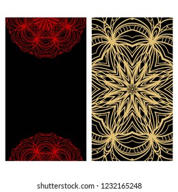 Card template with floral mandala pattern. Business card for fitness center, sport emblem, meditation class. Vector illustration