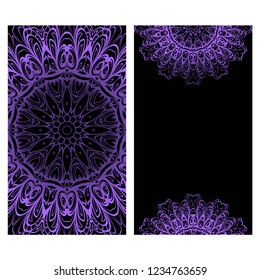 Card template with floral mandala pattern. Business card for fitness center, sport emblem, meditation class. Vector illustration