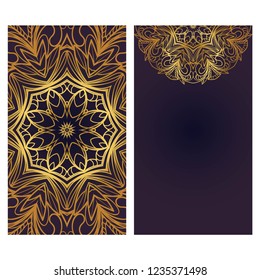 Card template with floral mandala pattern. Business card for fitness center, sport emblem, meditation class. Vector illustration