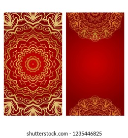 Card template with floral mandala pattern. Business card for fitness center, sport emblem, meditation class. Vector illustration