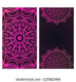 Card template with floral mandala pattern. Business card for fitness center, sport emblem, meditation class. Vector illustration