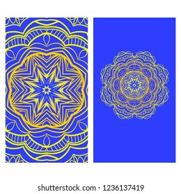 Card template with floral mandala pattern. Business card for fitness center, sport emblem, meditation class. Vector illustration