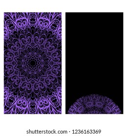Card template with floral mandala pattern. Business card for fitness center, sport emblem, meditation class. Vector illustration