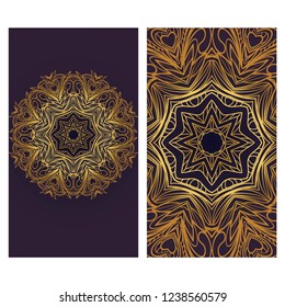 Card template with floral mandala pattern. Business card for fitness center, sport emblem, meditation class. Vector illustration