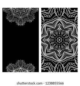 Card template with floral mandala pattern. Business card for fitness center, sport emblem, meditation class. Vector illustration