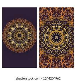 Card template with floral mandala pattern. Business card for fitness center, sport emblem, meditation class. Vector illustration