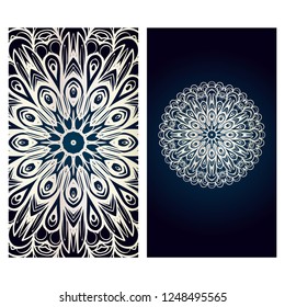 Card template with floral mandala pattern. Business card for fitness center, sport emblem, meditation class. Vector illustration
