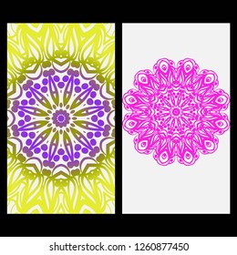 Card template with floral mandala pattern. Business card for fitness center, sport emblem, meditation class. Vector illustration