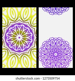 Card template with floral mandala pattern. Business card for fitness center, sport emblem, meditation class. Vector illustration